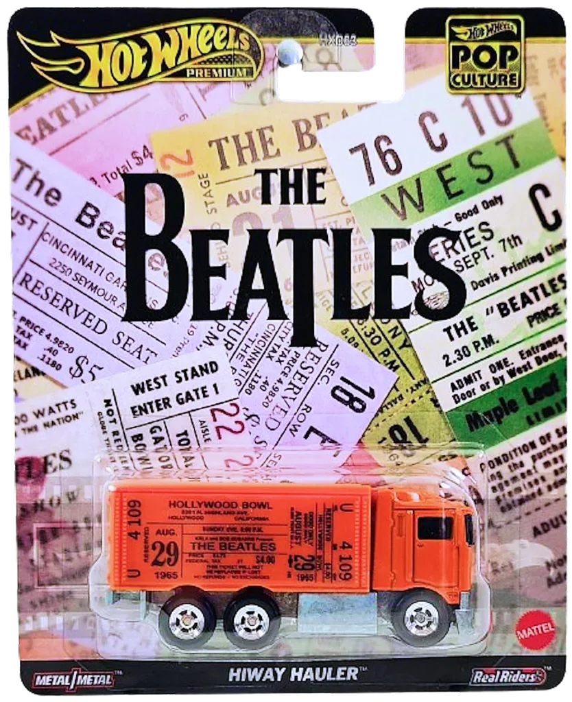Hot Wheels Premium Hiway Hauler — The Beatles, Pop Culture 2024, naranja con gráficos de entradas de conciertos HVJ41