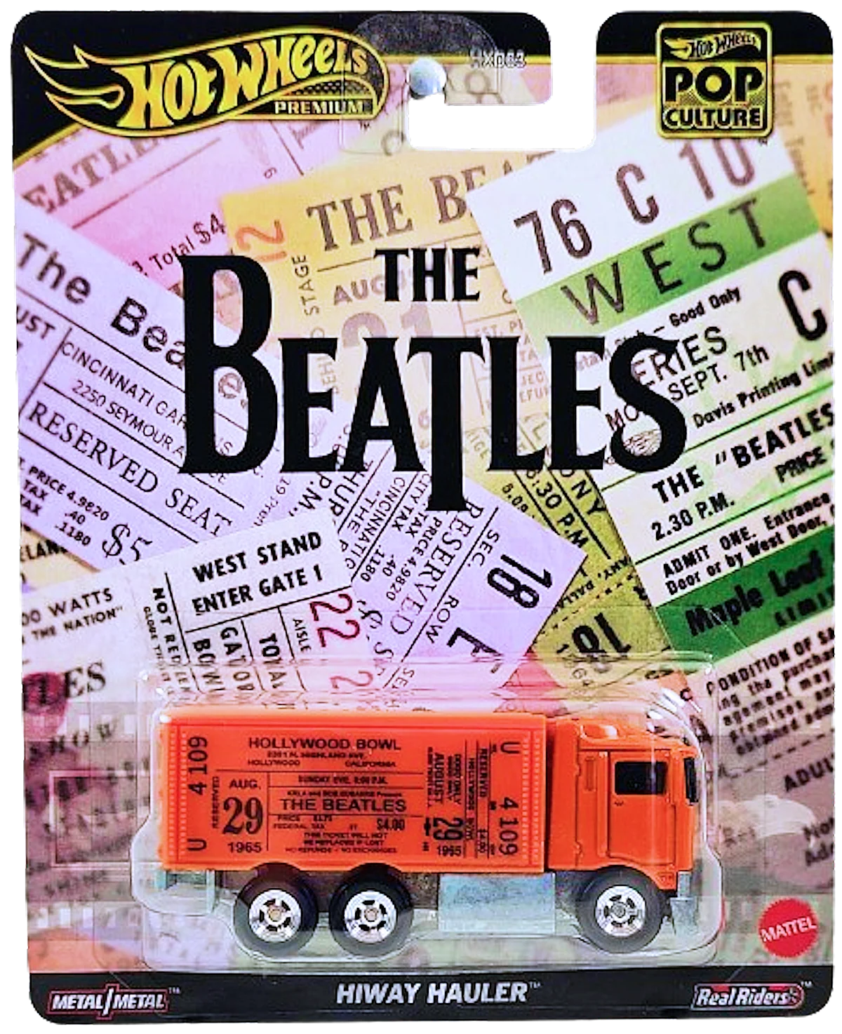 Hot Wheels Premium Hiway Hauler — The Beatles, Pop Culture 2024, naranja con gráficos de entradas de conciertos HVJ41